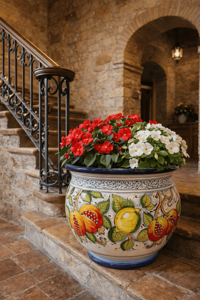 Pot en céramique toscan crème décoré de citrons et grenades peints à la main